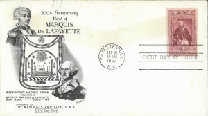 1957 FDC, #1097, 3c Lafayette, Fleetwood/Masonic Stamp Club of N.Y.