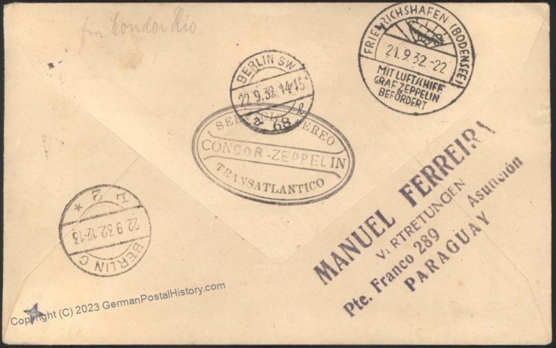 Paraguay 1932 Graf Zeppelin 6th SAF South America Flight Mi278E Germany C 110737