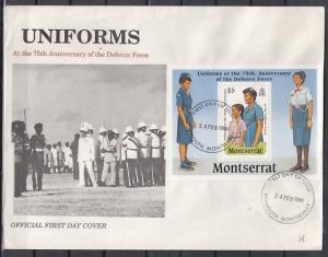 Montserrat, Scott cat. 711. Uniforms s/sheet. Girl Scout shown. First Day Cover.