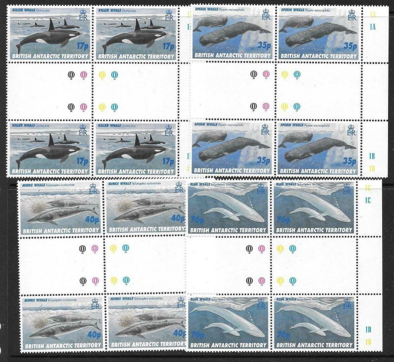 BRITISH ANTARCTIC TERR. SG265/8 1996 WHALES  GUTTER IN BLOCKS OF 4 MNH 