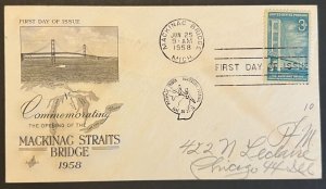 MACKINAC BRIDGE #1109 JUN 25 1958 MACKINAC BRIDGE MI FIRST DAY COVER (FDC) BX5