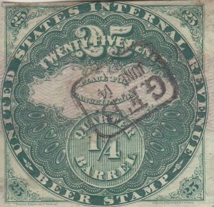 25c, 1/4 Barrel Beer Tax Stamp, #REA16, Used, Tiny Tear Upper Right (38336)