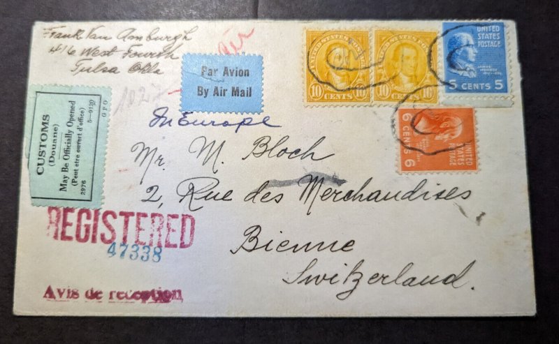 1939 Registered USA Airmail Cover Tulsa OK to Bienne Switzerland