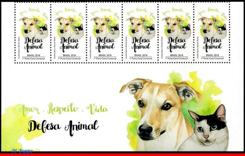 3374 BRAZIL 2018 ANIMAL DEFENSE, DOG, CAT, DOMESTIC ANIMALS, BOTTOM OF SHEET