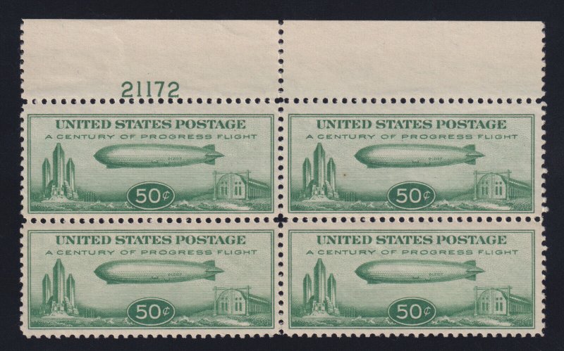 US Airmail Stamp #C18 Baby Zeppelin MNH Block of 4, plate # margin Beauty! 