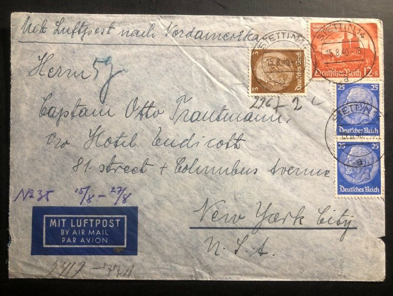 1940 Stettin Germany Airmail Censored cover To New York Usa