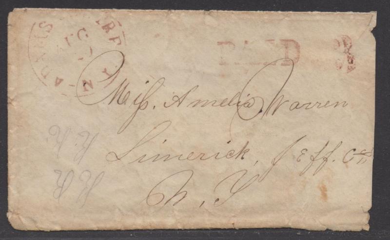 **US Stampless Cover, Adams Center, NY, Aug 1850, Paid 3