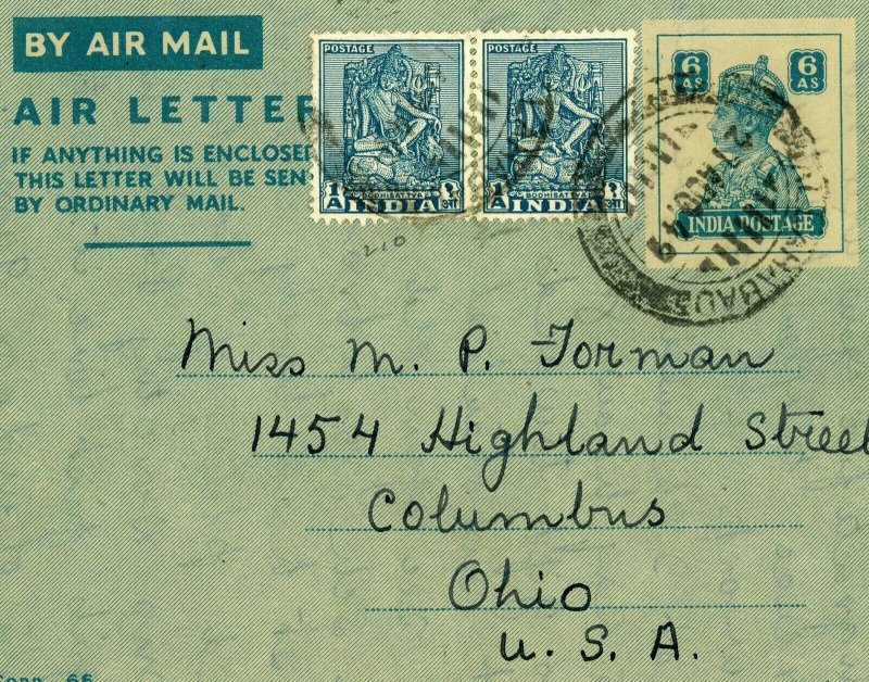 India Aerogramme to USA Airmail 1949 Mixed Postage w Letter