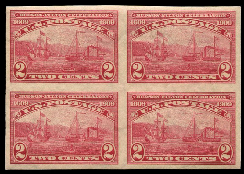 United States, 1904-9 #373 Cat$90, 1909 2c Hudson-Fulton, imperf. block of fo...