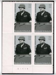 SC#3121 32¢ Benjamin O. Davis Plate Block: LL #B1111 (1997) SA