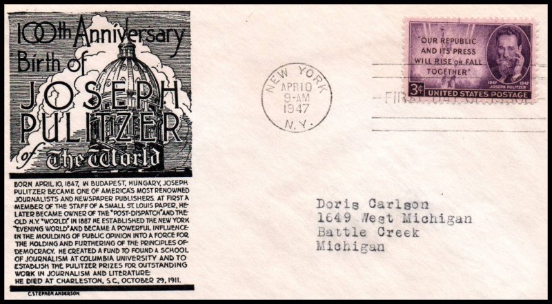 US 946 Pulitzer C Anderson Black Typed FDC