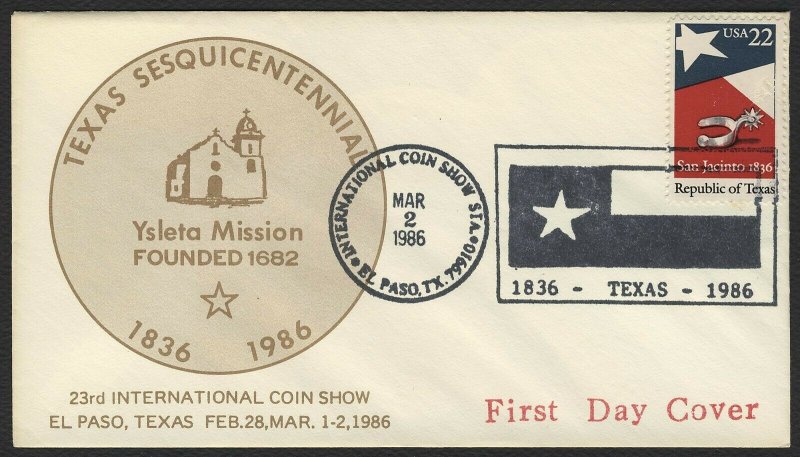 #2204 22c Republic of Texas, Wallace-Ysleta FDC **ANY 4=FREE SHIPPING**
