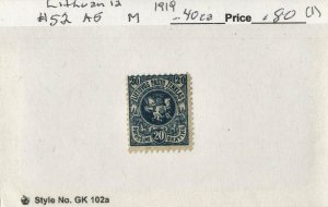 LITHUANIA  #52 , UNUSED MINT HINGED ON 102 CARD - 1919 - LITH003