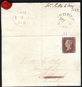 GB SCOTLAND Cover Distinctive Type 1  MX Edinburgh 4 Margin 1d Red 1842 21.25 