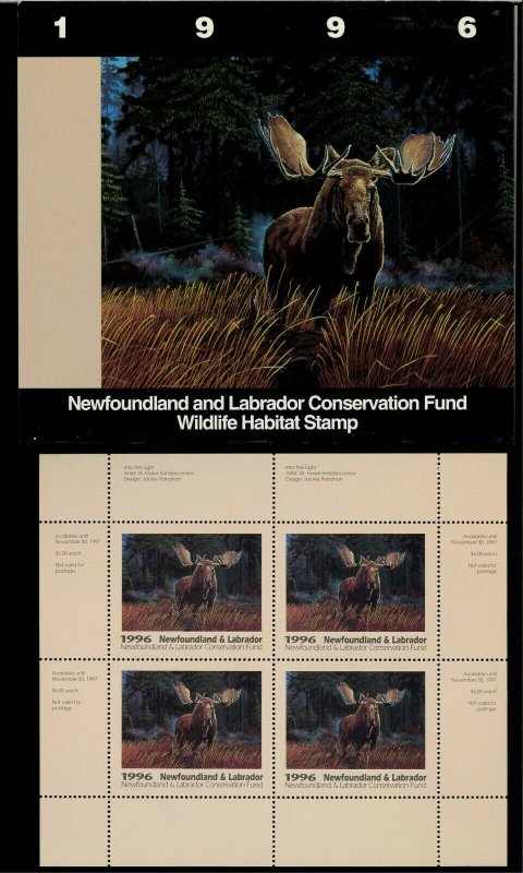 NEWFOUNDLAND #3M 1996 MOOSE CONSERVATION STAMP MINI SHEET OF 4 IN FOLDER