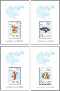 Togo - Marine Life - Tricolor Fulu Fish - Coral - 4 Stamp Set 20H-655