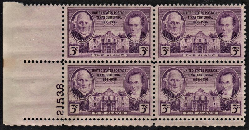 SC#776 3¢ Texas Centennial Plate Block: LL #21538 (1936) MNH