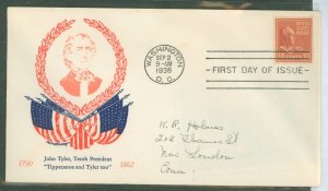 US 815 10c John Tyler (part of the 1938 Presidential defin series - Prexies) on an addressed FDC with a Grady cachet