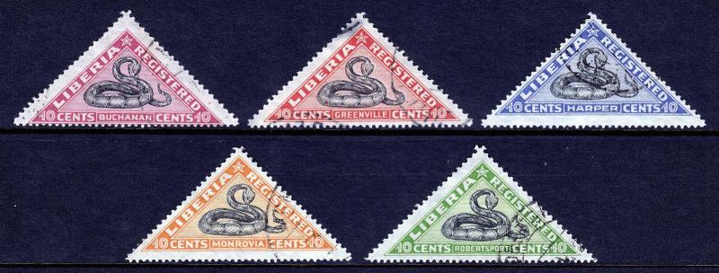 LIBERIA — SCOTT F20-F24 —1921 VIPER TRIANGLE REGISTRATION SET — USED —SCV $17.50