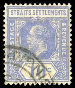 Malaya Straits 1921 KGV 10c bright blue with WATERMARK INVERTED vfu. SG 230w.