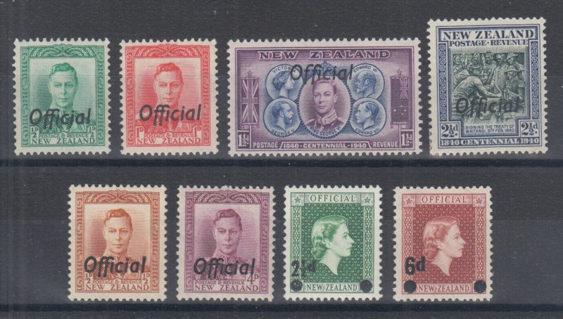 New Zealand Sc O72/O108 MLH. 1938-59 Officials, 8 different better singles, F-VF 