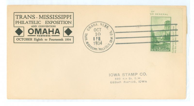 US 751a 1934 1c Yosemite (Trans-Mississippi Farley souvenir sheet) single on an addressed (hand stamp) first day cover with a Tr