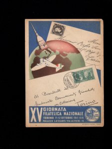 Italy WWII Stamp Show Hitler Mussolini Franking 1941 Torino Great Cancel Card 5k