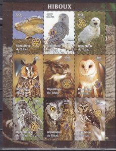 Chad, 2004 Cinderella issue. Various Owls sheet of 9. Rotary & Lions Logos. ^