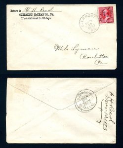 # 220c on cover from Clermont, Pennsylvania, Dead Post Office dated 3-10-1893