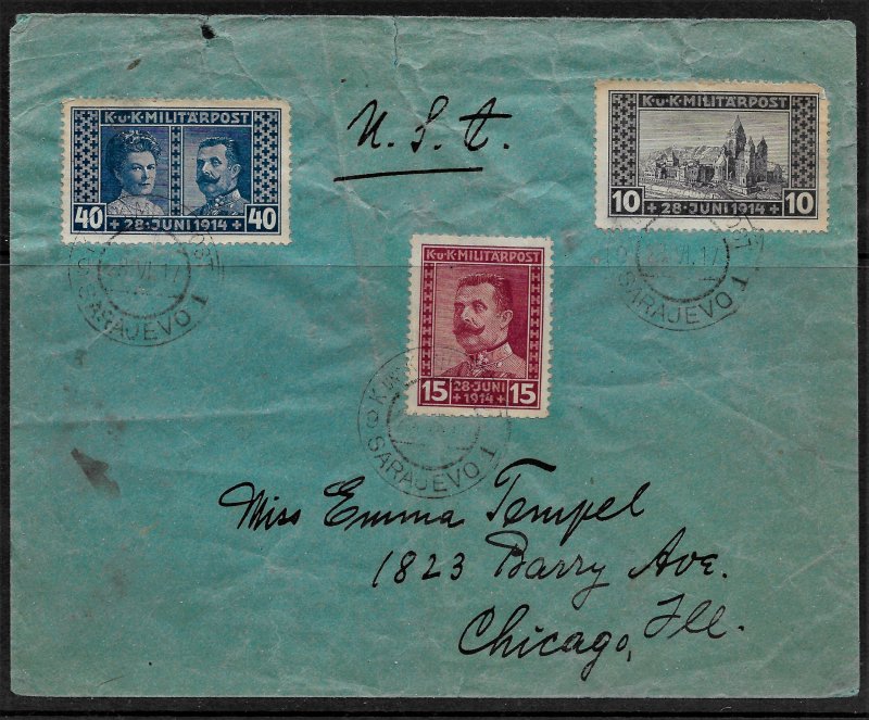 Bosnia & Herzegovina B13-15 on cover to US with June 28, 1917 cancel, faults.