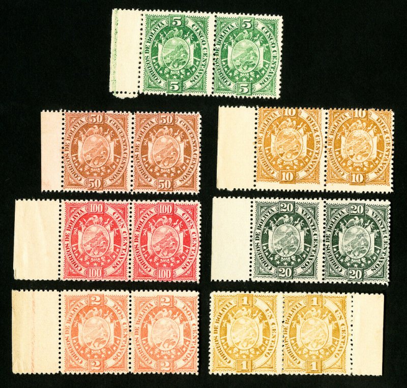 Bolivia Stamps # 40-6 F-VF Set of Perforated Proof Pairs