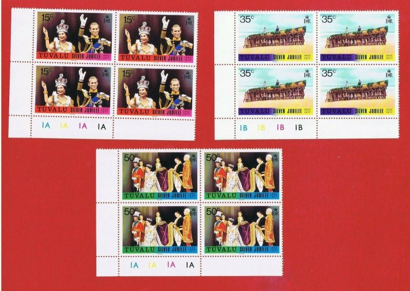 Tuvalu #43-45 MNH OG blocks of 4  Elizabeth ll   Free S/H