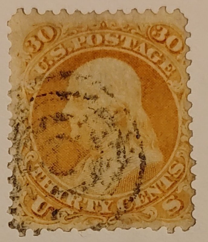 Scott Stamp #71-Used 1861 30¢ Franklin, Orange. Light Target Cancel. CV $225.00