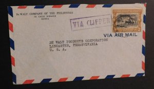 1937 Postal Cover Philippines From Manila to Lancaster PA USA Clipper Air Mail