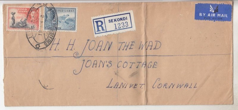 GOLD COAST, 1951 Reg. Airmail cover, KGVI 3d. & 1s, SEKONDI oval to Joan the Wad