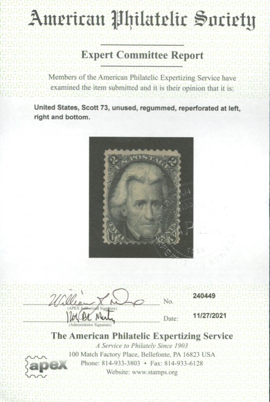 U.S. #73 MINT WITH APS CERT