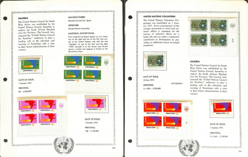 United Nations Stamp Collection on 40 Pgs, 1970-1973 MNH Inscription Blocks (FB)