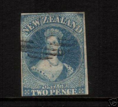 NEW ZEALAND FFQ 1858 2d  BLUE IMPERF FU NO WMK SG9 CHALON