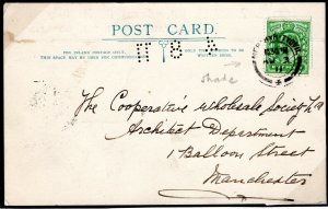 GB WALES Card *4 8 11* PERFIN ARRVIAL DATE Merthyr Tydfil Manchester 1911 PE266 