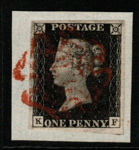 GB SG2 PLATE 8 1840 1d BLACK KF 4 MARGINS USED ON PIECE 