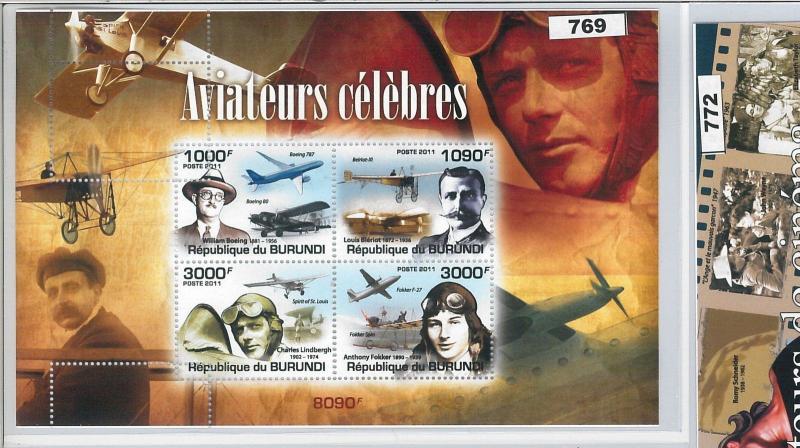 BURUNDI - ERROR, 2011 MISSPERF SHEET: FAMOUS AVIATORS, PILOTS, BOING, AIRPLANES