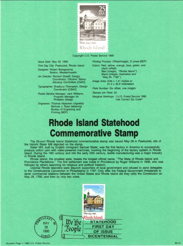 US SP812 Rhode Island Statehood 2348 Souvenir Page FDC