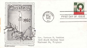 USA 1962 FDC Sc 1205 Christmas Candle Lowry Aristocrat Cachet Pittsburgh Cancel