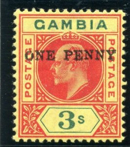 Gambia 1906 KEVII 1d on 3s carmine & green/yellow MLH. SG 70. Sc 66.