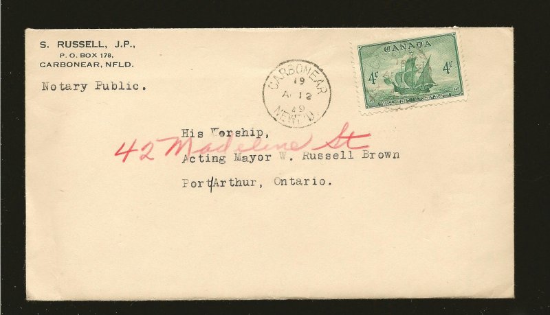 Canada 282 on Postmarked 1949 Carbonear NFLD Cover With Letter Used