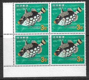 RYUKYU ISLANDS 1966-67 3c Spotted Triggerfish Block of 4 Sc 154 MNH