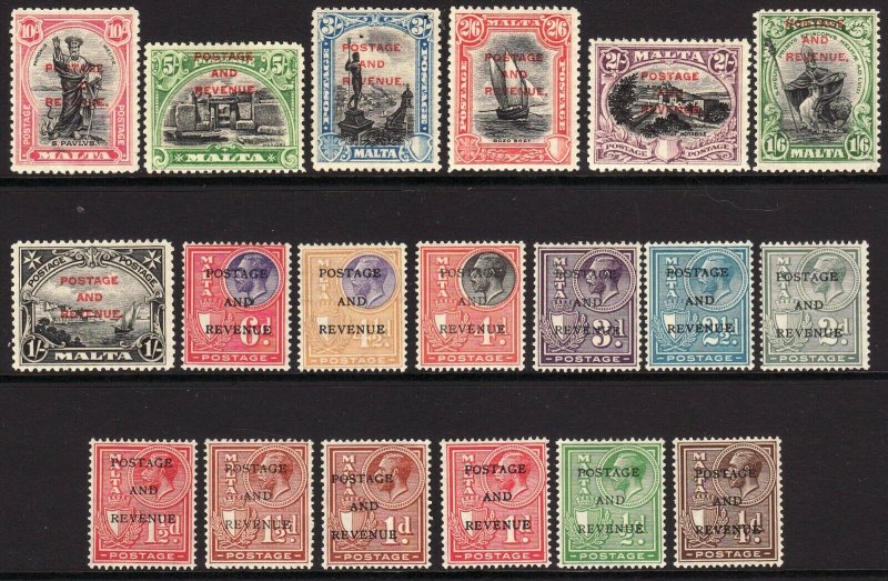 1926-27 Malta KGV Postage & Revenue O/P complete set (19) MLMH Sc# 148 / 166