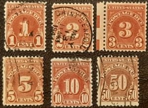 US Scott # J 80-J84.J86; 6 used Postage Due stamps from 1931; F/VF .