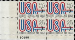 Scott # C75 1968 20c multi Litho& USA & Airplane  Plate Block - Lower Left - ...