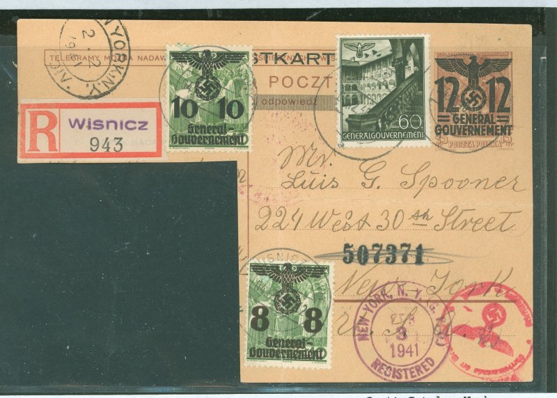 Poland N36-38/N69 on piece of postal card, creased where once folded into four